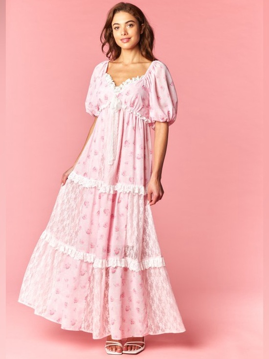Dresses & Skirts - Pink Lace Tiered Maxi Dress with Puff Sleeves